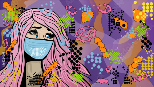 Cartoon lady wearing the face mask on a pop art style colourful background