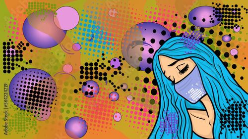 Cartoon lady wearing the face mask on a pop art style colourful background