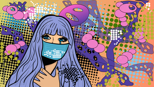 Cartoon lady wearing the face mask on a pop art style colourful background