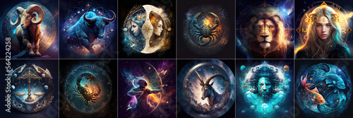 Set of magical zodiac signs in universe, Generative AI photo