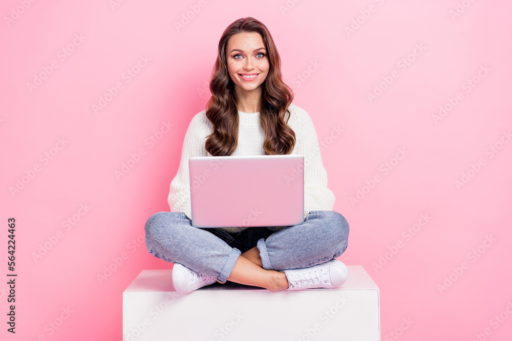Full length photo of adorable pretty woman dressed white pullover communicating modern gadget isolated pink color background Full length photo of adorable pretty woman dressed white pullover communicating modern gadget isolated pink color background
