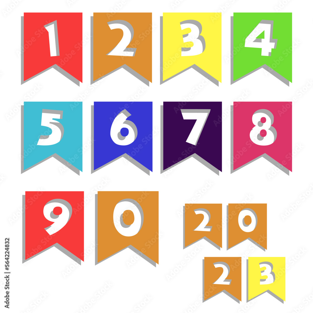 Vector cartoon party set with Latin alphabet flags. Carved 123 numbers for decorating parties, holidays, celebrations, etc. Numbers on a white background. Numbers on flags for the holiday Vector cartoon party set with Latin alphabet flags. Carved 123 numbers for decorating parties, holidays, celebrations, etc. Numbers on a white background. Numbers on flags for the holiday