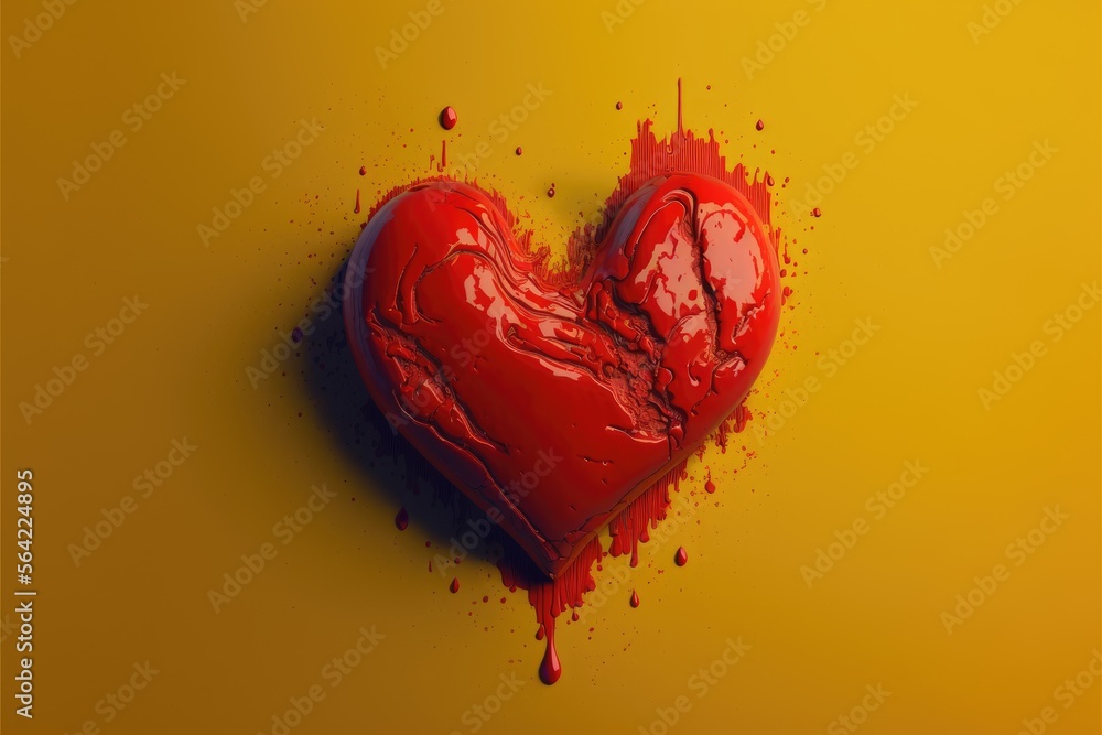 red heart made of paint on yellow background Generative AI