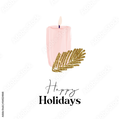 Happy holidays text with pink candle and golden branch illustration isolated on white background