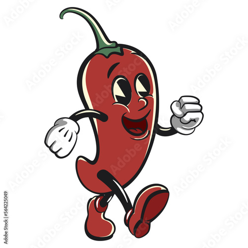 vector vintage illustration of a red chili mascot cartoon character walking coolly