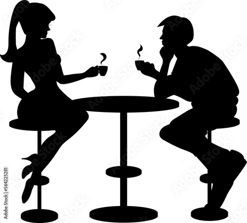 A guy and a girl are relaxing in a coffee shop. They drink strong, aromatic coffee. Silhouette