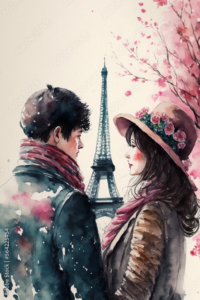 couple de chinois amoureux devant la tour Eiffel à Paris - peinture à l ...