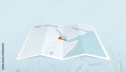 Map of Eritrea with the flag of Eritrea in the contour of the map on a trip abstract backdrop.