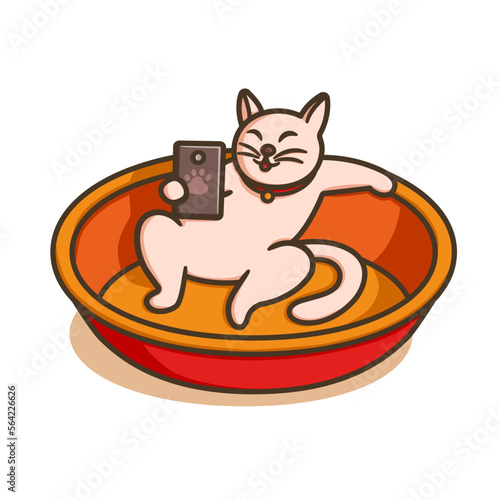 Cat holding smartphone vector illustration. Cartoon fun pet influencer smiling at phone camera, cute domestic animal vlogging concept. Kitty blogger online live streaming while sitting in round bed.