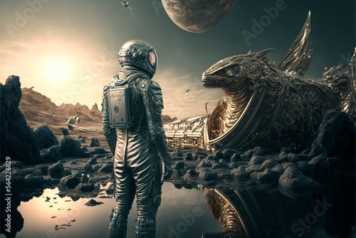 Astronaut on the red planet Mars,  Metallic features, Illustration, Generative AI
