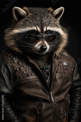 portrait of a badass racoon in jacket Generative AI