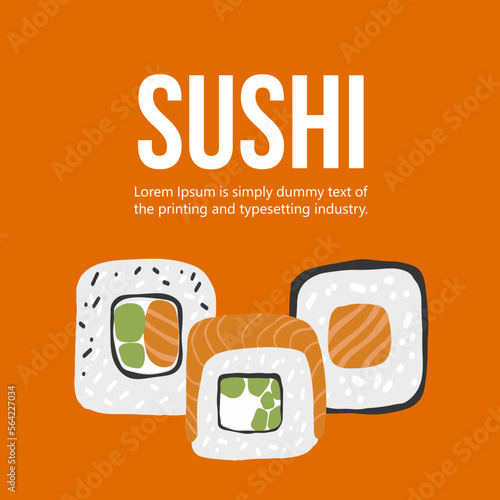 Illustration of sushi set background design template orange color