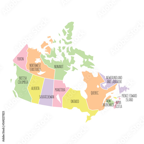 Canada political map with region names. Low detailed. Solid simple style. Pastel colours. Vector editable
