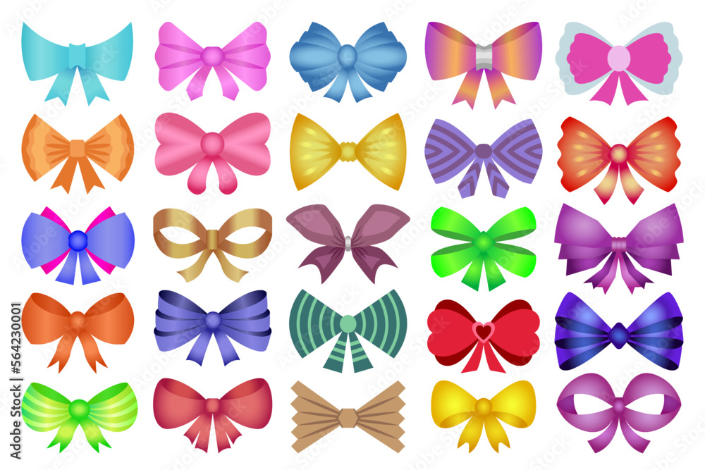 Colorful bow set. Collection of ribbon bows, decorative design elements. Tied colorful tapes, vibrant silk bows cute decorations. 