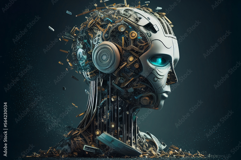 Artificial intelligence, a futuristic humanoid cyber robot with a neural network. Cyborg that uses AI and ML. 