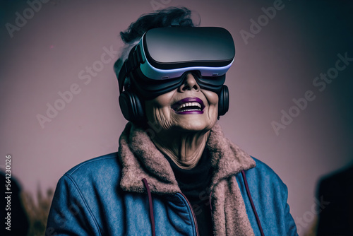An Old Woman Wearing A VR Headset and Smiling - AI Generative