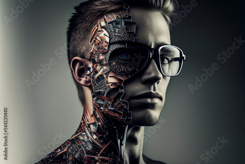 Artificial intelligence, a futuristic humanoid cyber man with a neural network. Half man, half robot. Cyborg man that uses AI and ML. Can be an alien or ET
