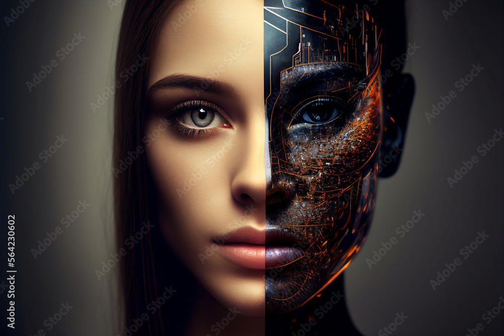 Artificial intelligence, a futuristic humanoid cyber girl with a neural ...