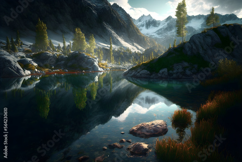 Lake in the mountains concept with generative ai