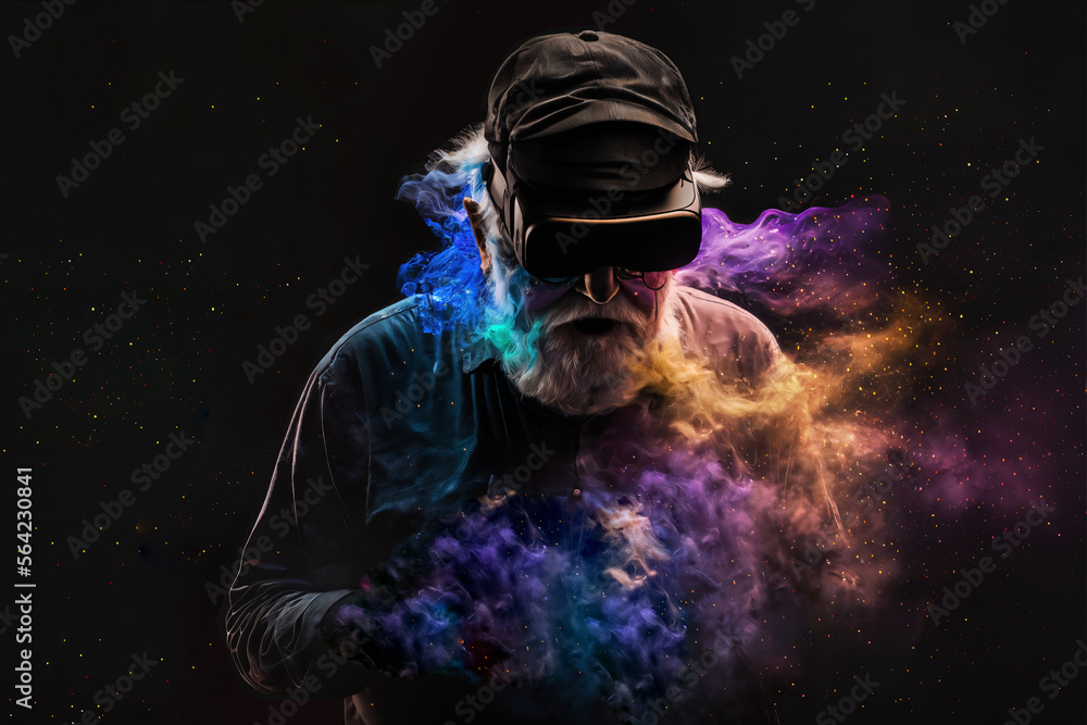 An Old Man Wearing A VR Headset with colorful dust - AI Generative An Old Man Wearing A VR Headset with colorful dust - AI Generative