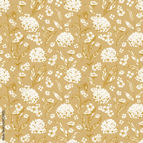 Hydrangea blooms and leaves seamless pattern. Monochrome floral fabric design. Mustard yellow colour.