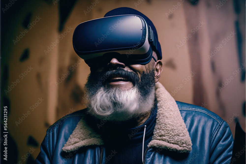 An Old Man Wearing A VR Headset and Smiling - AI Generative An Old Man Wearing A VR Headset and Smiling - AI Generative
