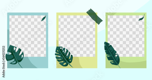 photo frame set template with cute green leaf element and tape