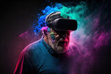 An Old Man Wearing A VR Headset with colorful dust - AI Generative