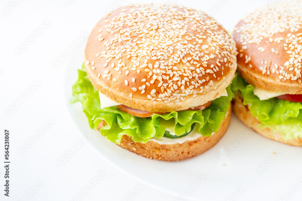 Sandwiches with sesame rolls on a white plate. Home made burger Sandwiches with sesame rolls on a white plate. Home made burger
