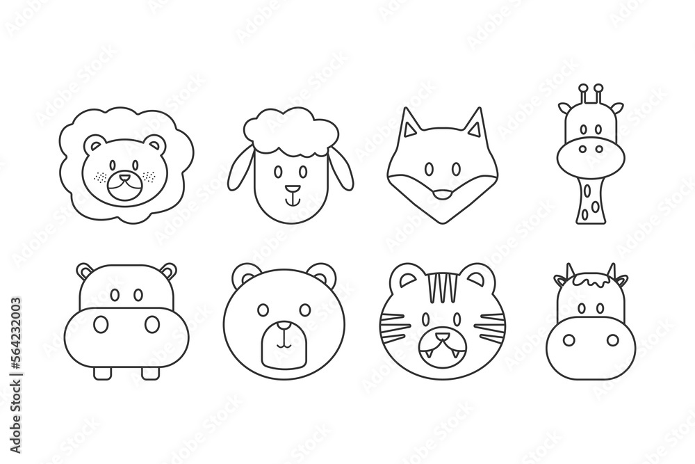 Animal cartoon faces by hand drawn style for coloring. Vector animal