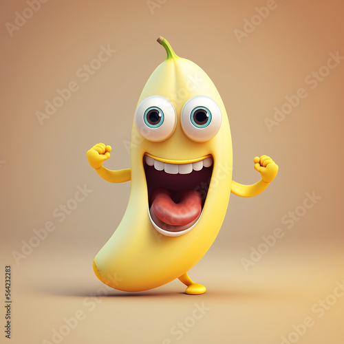 Cute Happy Banana Character Cartoon 3D. Generative AI