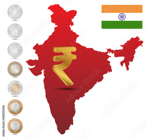 Golden Rupee Currency symbol with India map. Set of coins, Indian rupees.