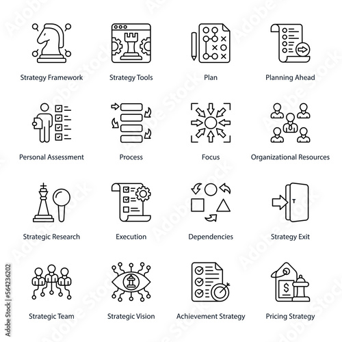 Strategy Framework, Strategy Tools, Plan, Planning Ahead, Personal Assessment, Process, Focus, Organizational Resources, Dependencies, Strategy Exit, Outline Icons - Stroked, Vectors