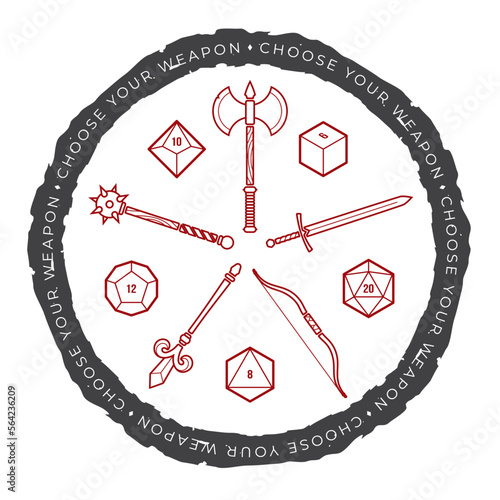 Vector circle line dice set. 20, 12, 10, 8, 6 sided. Line weapons. Board games. Text: Choose your weapon. Isolated on white background.