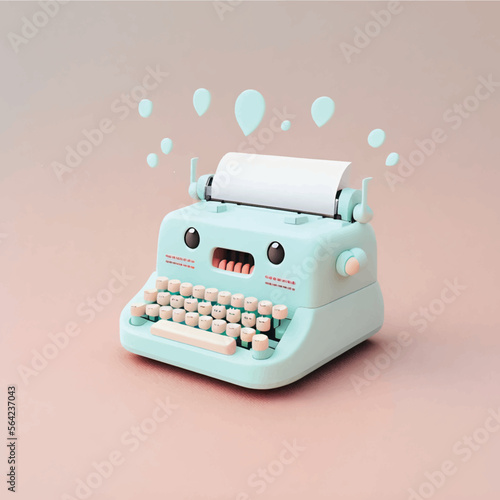 Cute & whimsical 3D typewriter icon character perfect for writing, literature projects, website icons, app buttons, marketing materials. Adorable cartoon-like design, cheerful colors, friendly express photo