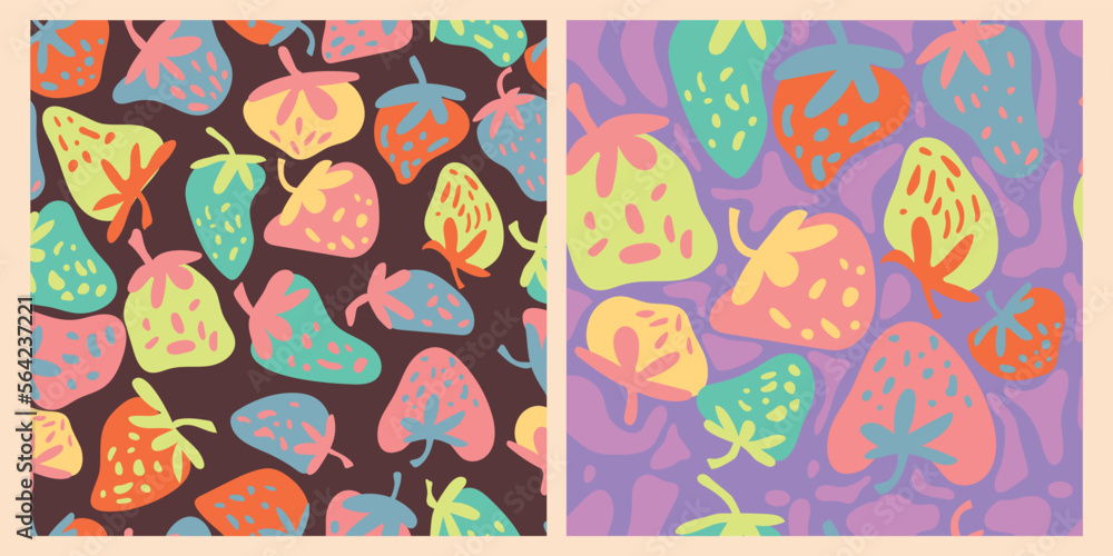 Set of seamless patterns with retro strawberries. Vector illustration. Cute fruit print. Hippie style. Set of seamless patterns with retro strawberries. Vector illustration. Cute fruit print. Hippie style.