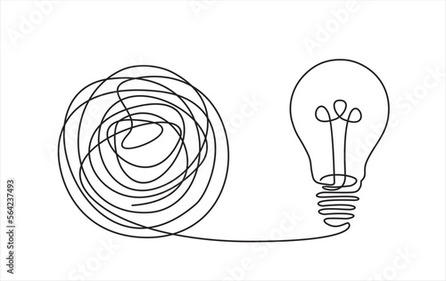 Chaos and light bulb, abstract minimalist concept vector illustration. Metaphor of disorganized difficult problem mess with single continuous tangle thread in need of unraveling, found solution.