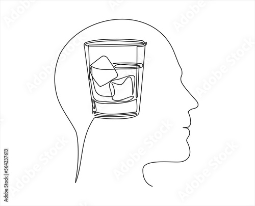 continuous modern drawing of a human head and brain thinking about whiskey, thinking about alcohol. Dependence on alcoholic beverages, vector linear illustration. drawing thoughts  in a man's head. 