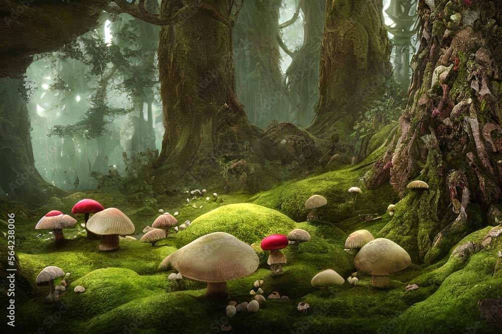 big mossy trees in the magical fairy tale forest environment with white ...