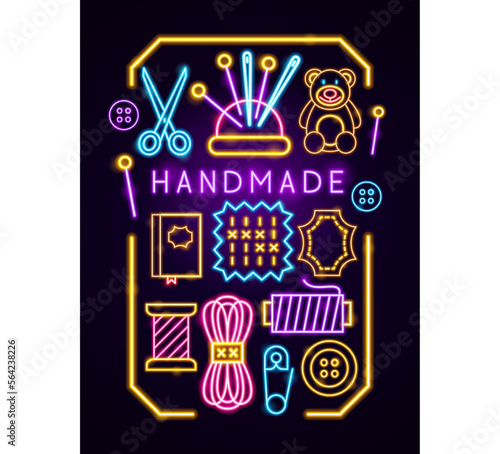 Handmade Neon Poster. Vector Illustration of Craftsmanship Promotion.