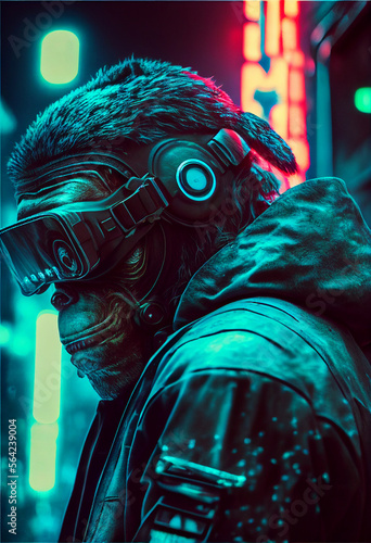 Fotografering Cyber punk chimpanzees in augmented reality vr glasses in a neon-lit city, Avatar technology, meta universes, future technology