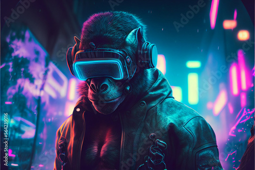 Valokuvatapetti Cyber punk chimpanzees in augmented reality vr glasses in a neon-lit city, Avatar technology, meta universes, future technology