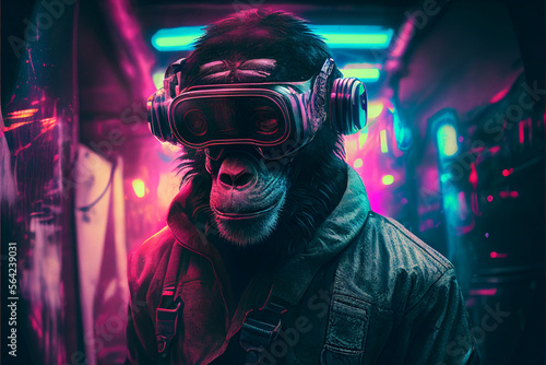 Fotografija Cyber punk chimpanzees in augmented reality vr glasses in a neon-lit city, Avatar technology, meta universes, future technology