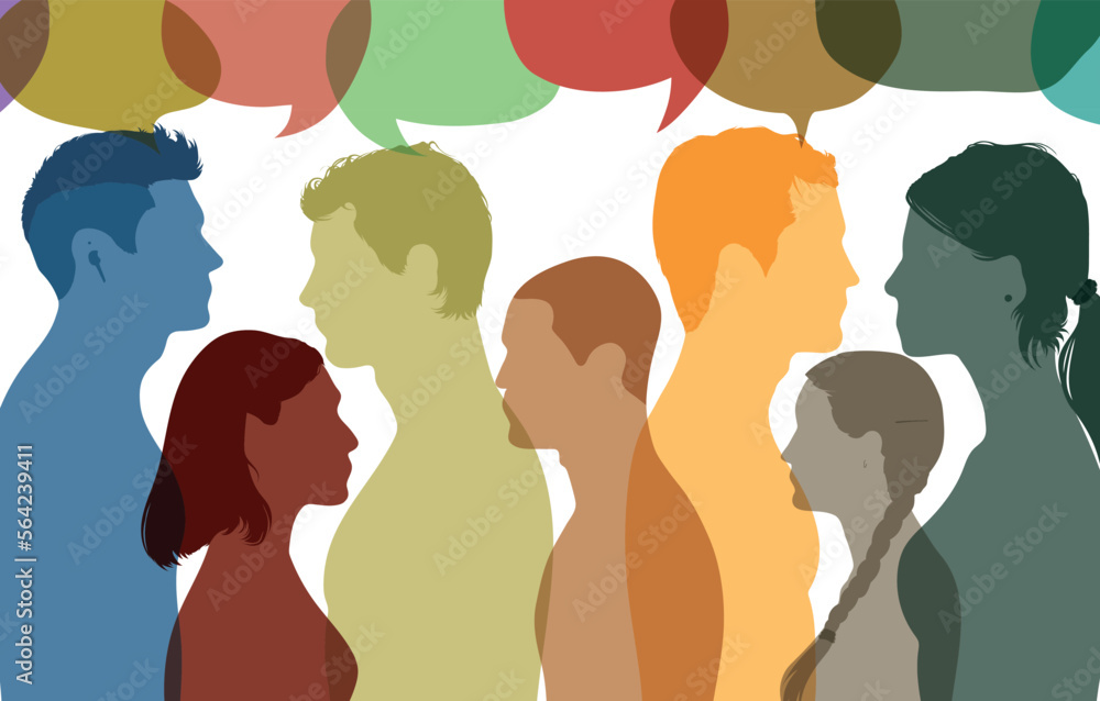 Using social networking to communicate. People conversing with each other. Profile with multiple colours. Vector Illustration. Group of people talking, with speech bubbles in the background.