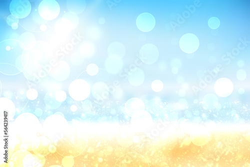 Abstract bright gradient motion spring or summer landscape texture background with natural gold yellow bokeh lights and blue bright sunny sky. Beautiful backdrop with space for design.