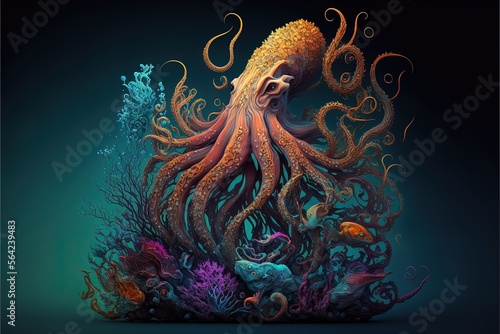 Octopus illustration under the ocean with corals. Generative AI
