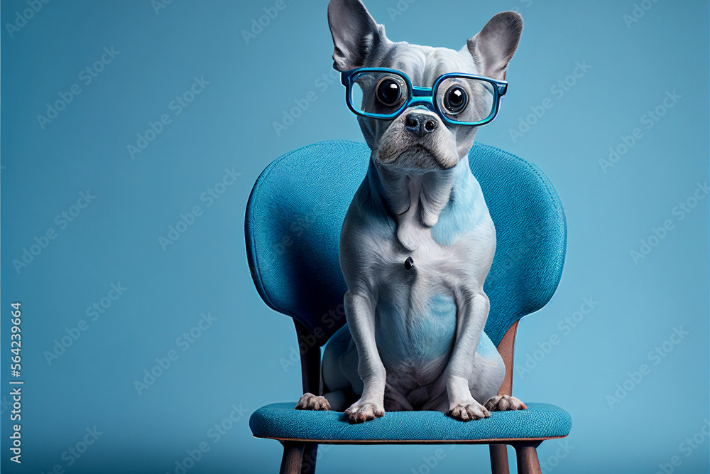 A cute dog with glasses sitting on a chair against a blue background, a dog handler working on the animal's obedience. Generative AI
