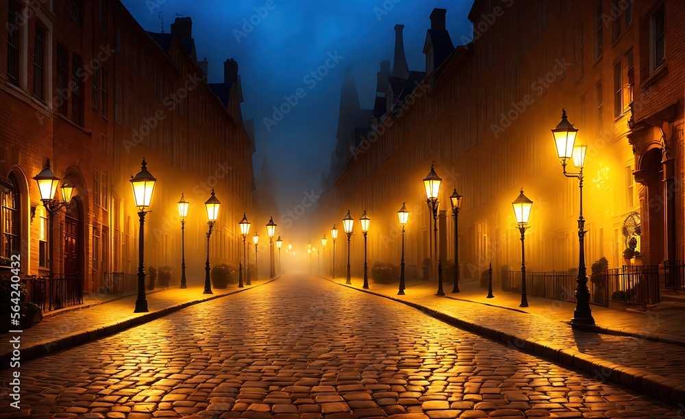 Street with street lights and cobblestones at night - created with Generative AI - obrazy, fototapety, plakaty 
