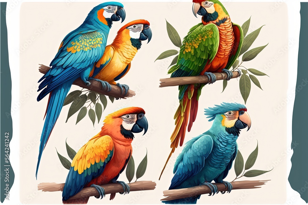 Cartoon style illustration of macaws set, white background. Generative AI