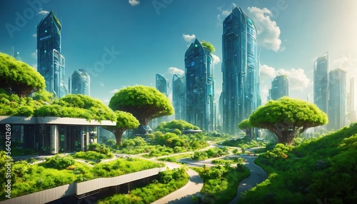 A futuristic eco city utopia plants buildings vegetation - created with Generative AI photo
